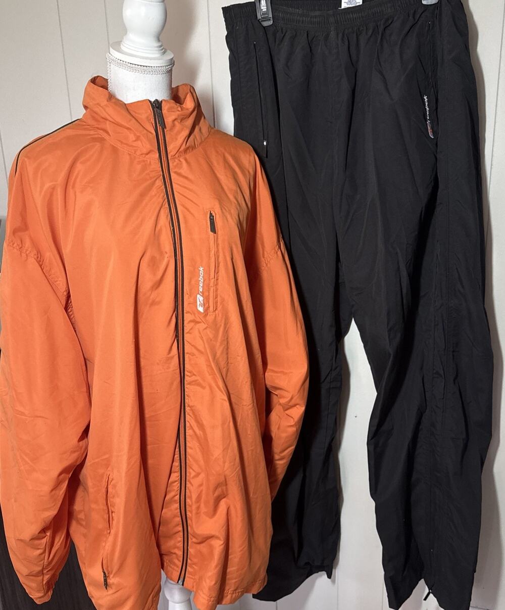 Vintage Reebok Track Suit Orange/ Black Jacket Pants Nylon Shell 90s Size 2XL UU